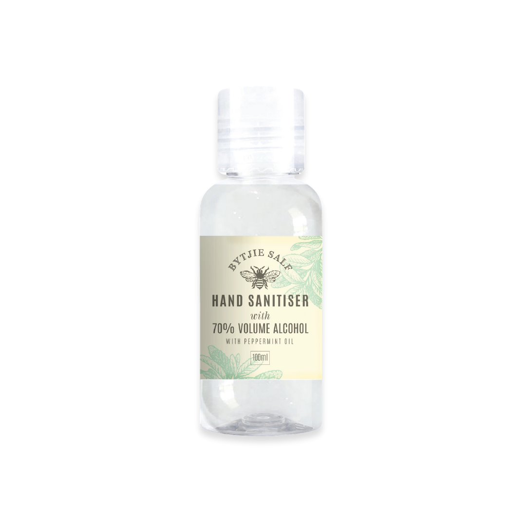 hand sanitiser, 70% volume alcohol with peppermint oil.